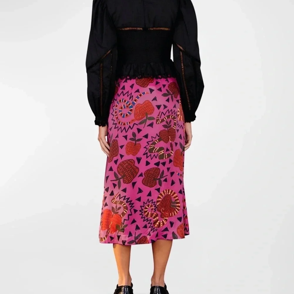 Farm Rio Snake Apple Print Midi Skirt L Pink Boho Eclectic Maximalist Tropical
